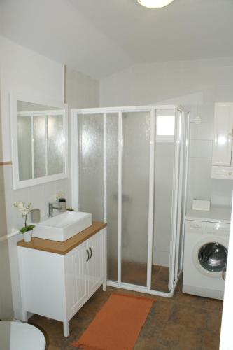 a bathroom with a sink and a washing machine at O Bolaño Apto 3 in Villarino de Conso