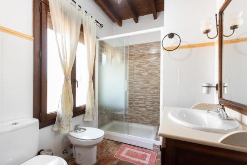 a bathroom with a toilet and a sink and a shower at Mansión Piedras Blancas in Colmenar