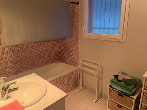 a bathroom with a sink and a bath tub at Maison de Violette in Serrières-de-Briord