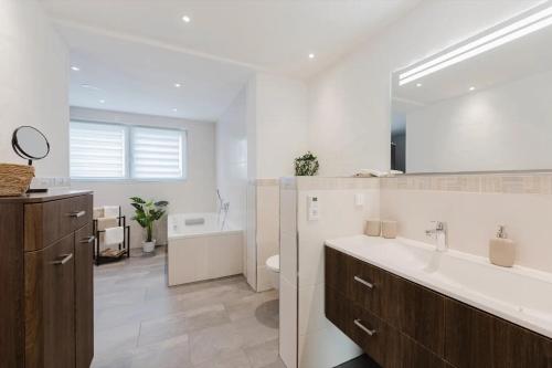 a bathroom with a sink and a toilet and a mirror at Ferienwohnung Waldzauber Lennestadt in Lennestadt