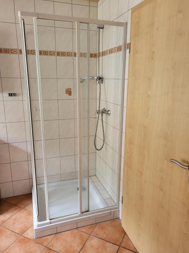 a shower with a glass door in a bathroom at Ferienwohnung Huber in Oppenau