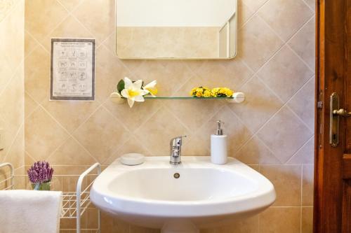 a bathroom with a sink and a mirror and flowers at Capracotta - Luna in Montemassi