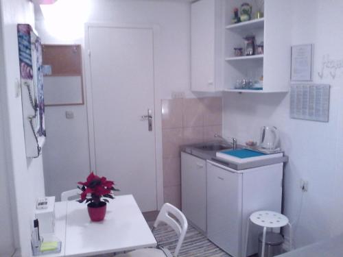 una pequeña cocina blanca con mesa y fregadero en Assi Room en Split