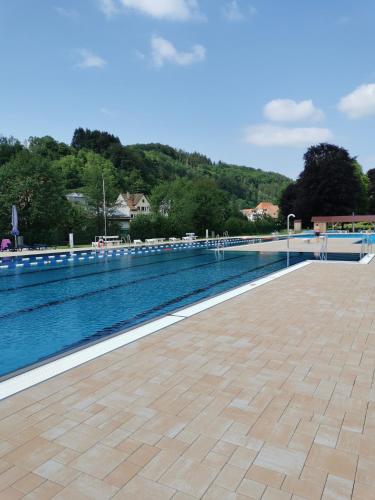 ein großer Swimmingpool mit blauem Wasser und Bäumen in der Unterkunft Schuttig in Elzach