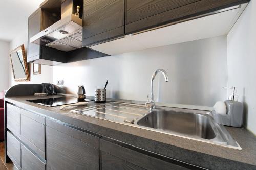 a kitchen with a large stainless steel sink at La Grande Bellezza in Perledo