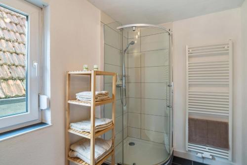 a bathroom with a shower and a shelf with towels at Pfälzerwald Idyll in Schwanheim