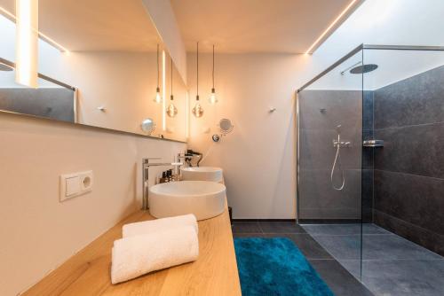 a bathroom with a shower and a sink at Aura Chalets - Nr 4 in Castelrotto