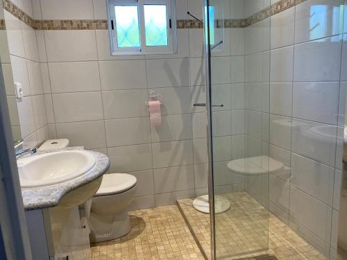 a bathroom with a toilet and a sink and a shower at Villa Sylvie- Cerca Playa Riells- 4 in L'Escala