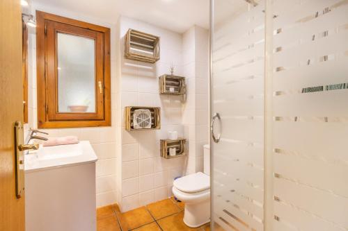 a bathroom with a toilet and a sink and a shower at Apartament Potxó in Olp