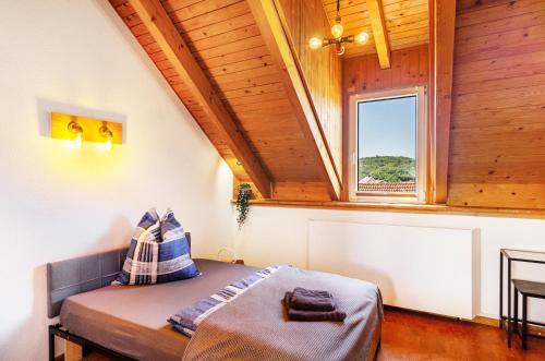 a bedroom with a bed in a room with a window at Appartement Männerleben in Harztor