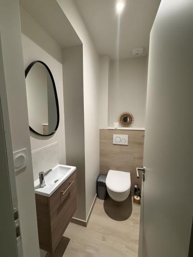 a bathroom with a toilet and a sink and a mirror at Villa des sablons, piscine chauffée in La Tranche-sur-Mer