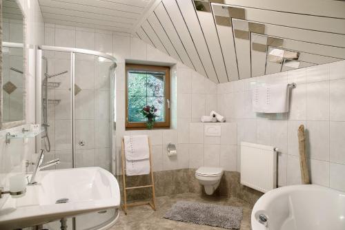 a bathroom with a sink and a toilet and a mirror at Zillertalblick in Zellberg