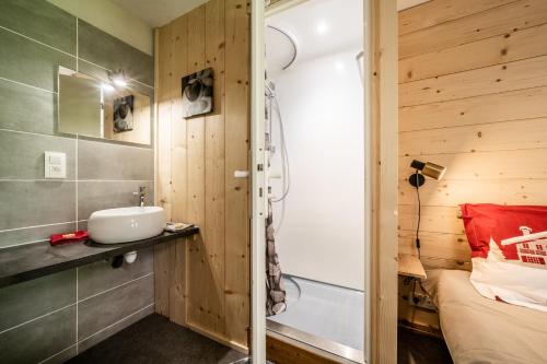 a bathroom with a sink and a shower at Coeur de Charmy Spa bien-être in Abondance