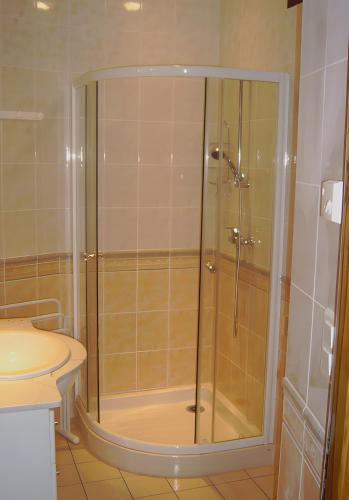a shower with a glass door in a bathroom at Gite Belcastel -Village d’Exception in Belcastel