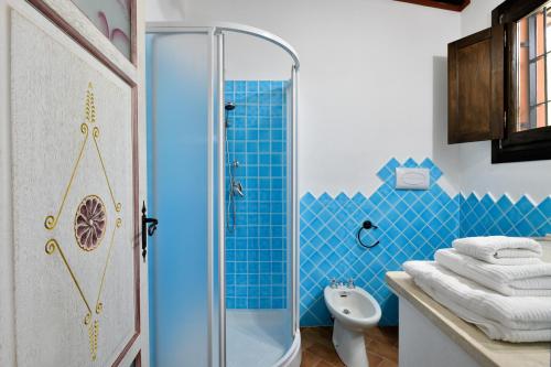 a blue bathroom with a shower and a toilet at Casa sul lago private heated pool in Dorgali