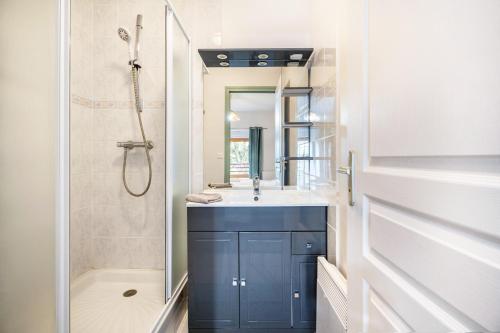 a bathroom with a blue sink and a shower at Gite Palombe in Lanvallay