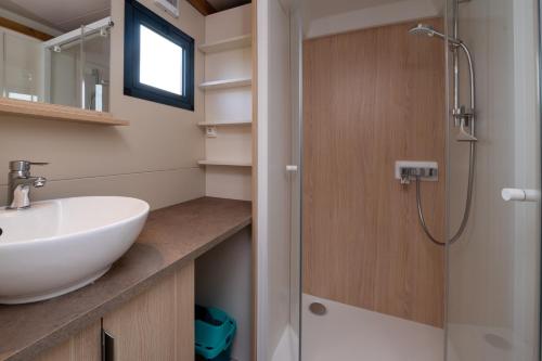 a bathroom with a sink and a shower at Chalet 25m2 - La Vieille in Plouhinec
