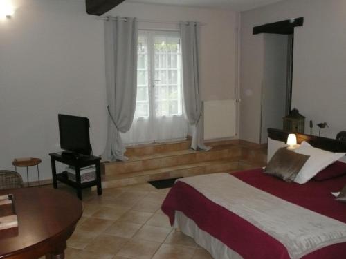 a bedroom with a bed and a table and a television at Suite familiale - Gîte du Moulin in La Noue