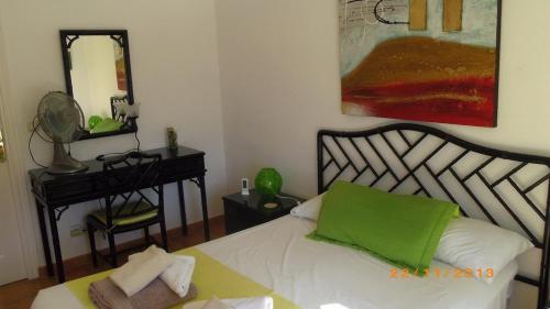 a bedroom with a bed with a green pillow and a mirror at Salvaje Villa with private Pool in Adeje