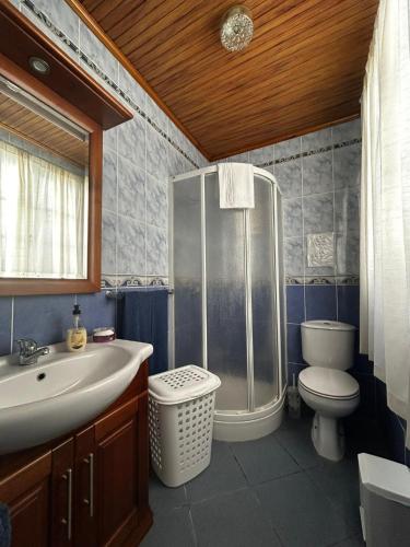 a bathroom with a sink and a shower and a toilet at Desterro House in Angra do Heroísmo