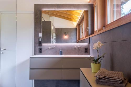 a bathroom with a sink and a mirror at Haus Lichtenstern in Soprabolzano