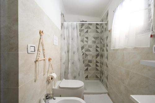 a bathroom with a toilet and a shower at Foxi lioni in Tertenìa