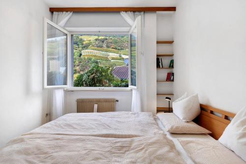 a bedroom with a bed and a large window at Haus Marlene in Cornedo all'Isarco