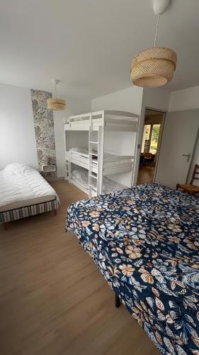 a bedroom with a bed and bunk beds in it at Gite Les Pivoines in Saint-Robert