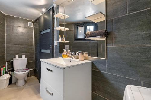 a bathroom with a sink and a toilet and a mirror at Les Écrins de Campan in Campan