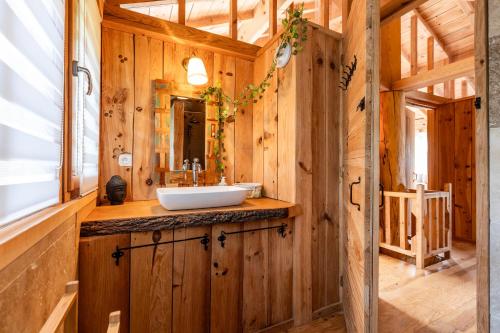 a bathroom with a sink in a wooden house at Villa Chan-Ly in Lacanau