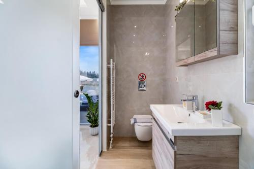 a bathroom with a sink and a toilet at Goudis Villa Thanasis in Lefkada