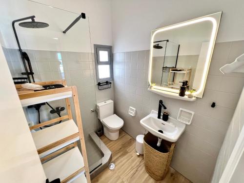 a bathroom with a sink and a toilet and a mirror at aeolian blu 7 in Parikia