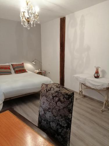 ein Schlafzimmer mit einem Bett, einem Tisch und einem Stuhl in der Unterkunft Les Alliots in Coullons