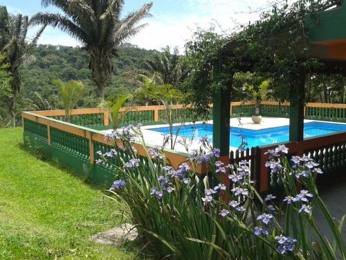 uma piscina num quintal com flores em Pousada Recanto Águas Vivas em Turvo dos Góis