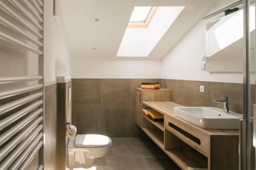 a bathroom with a sink and a toilet and a skylight at Balbeinhof Apt Reh in Luson