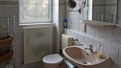 a bathroom with a sink and a toilet and a window at Sommergarten mit Winternutzung in Karlshagen