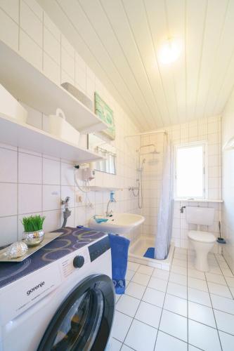 a washing machine in a bathroom with a sink at Ferienpark Achtern Diek Ferienhaus Malmö in Otterndorf