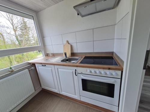 a small kitchen with a sink and a stove at Ferienwohnung Inselblick Vitzdorf in Fehmarn