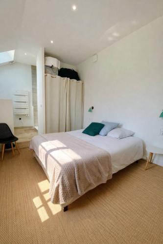 a bedroom with a large bed in a room at Cadre d'exception et nature - 2 Maisons - 15 pers max in Aigné