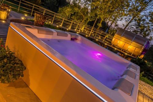 a swimming pool at night with purple lights at Chalet Sternenzauber in Waasen