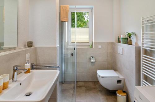 a bathroom with a toilet and a sink and a shower at Fewo Luisa in Bad Zwischenahn