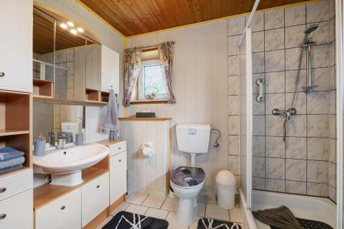 a bathroom with a toilet sink and a shower at Ferienwohnung Heimathafen in Lensahn