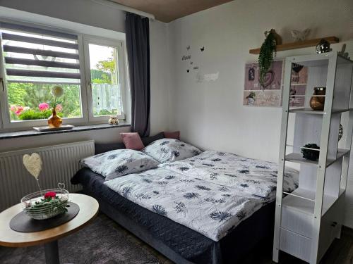 a small bedroom with a bed and a table at Auszeit zwischen Fellnasen in Bischofsgrün