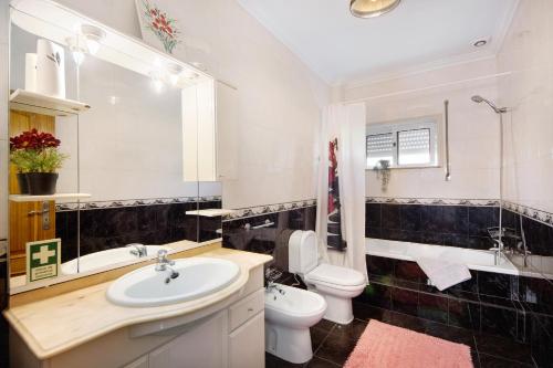 a bathroom with a sink and a toilet and a mirror at Villa da Floresta in Arcos