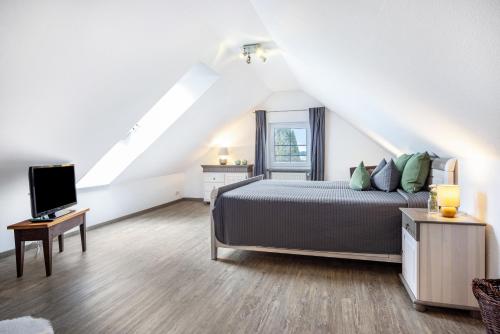a bedroom with a bed and a tv in a attic at Apfelhof Maurer in Lindau