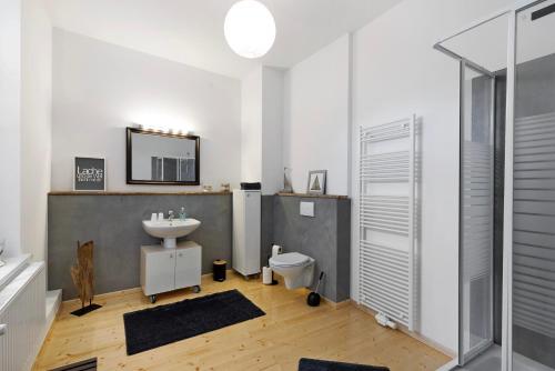 a bathroom with a sink and a toilet and a mirror at Apartment City Leben in Nordhausen