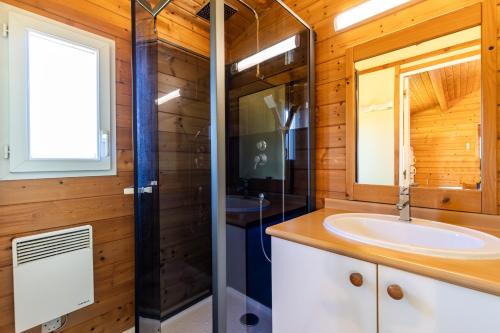 a bathroom with a sink and a mirror at Chalet Yoya in Lanton