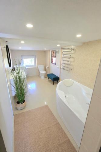 a bathroom with a tub and a toilet and a sink at Justinos Vila in Palanga
