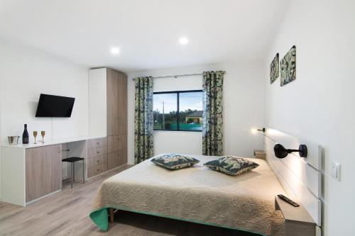 a bedroom with a bed and a tv and a window at Apartamento nº3 - Familiar in Moncarapacho