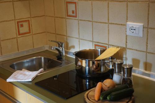 a kitchen sink with a pot and vegetables on a cutting board at Waalhof Ferienwohnung Mohnblume in Silandro